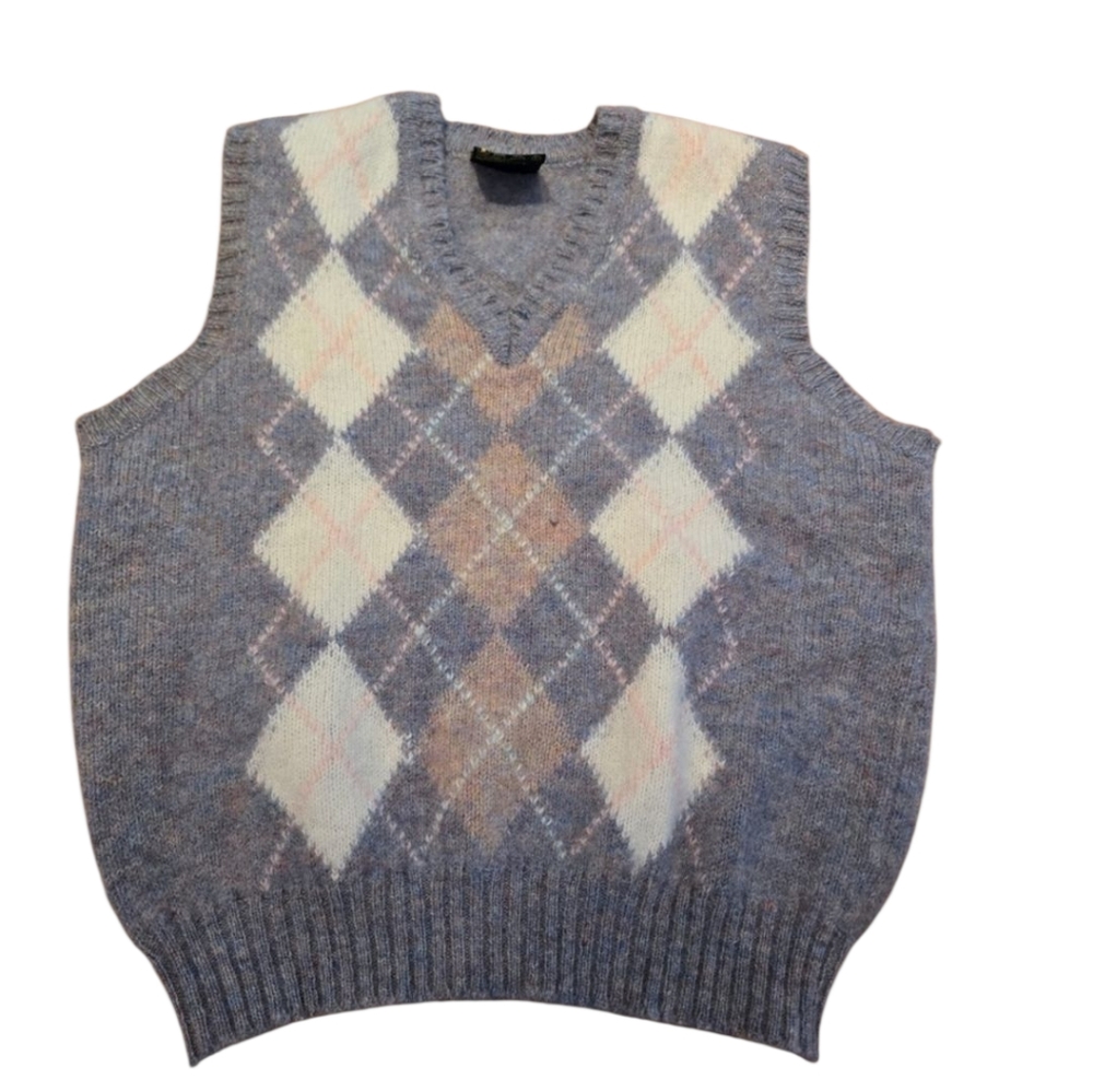 Billy Kelly Shetland Wool Sweater Vest M Argyle Vneck Cropped Neutral Academia
